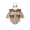 thumbnail image 1 of Cjfdfy Baby Girl Fall Plaid Romper Croissant Print Letter Embroidery Long Sleeve Doll Collar Bodysuit with Bow Headband 2-Piece Set Thanksgiving Outfit  My Rolls Are Homemade Letter Set, 1 of 9