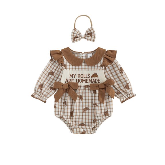 Cjfdfy Baby Girl Fall Plaid Romper Croissant Print Letter Embroidery Long Sleeve Doll Collar Bodysuit with Bow Headband 2-Piece Set Thanksgiving Outfit My Rolls Are Homemade Letter Set