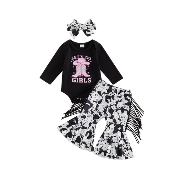 Cjfdfy Baby Girl Western Outfits Printed Long Sleeve Romper Tassel Bell Bottoms And Headband 3 Piece Fall Set Western Boots Print Let's Go Girl Shirt Flare Pants With Tassels Fall Outfits