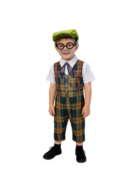Boy Halloween Old Man Costume Kids 100 Days of School Old Person Costume Grandpa Costume Plaid Jumpsuit Newsboy Cap Scarf Glasses and Mustache for Old People Costume Role Play Dress Up Outfit