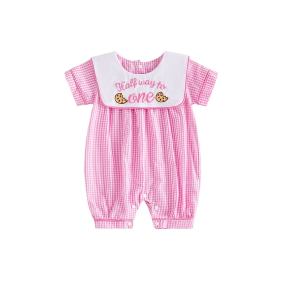 Cjfdfy Half Way to One Clothes Baby Girl Boy First Birthday Outfit Summer Fall Half Birthday Clothes Plaid Gingham Bubble Romper Letters Cookies Embroidery Short Sleeve Plaid Jumpsuit Playsuit