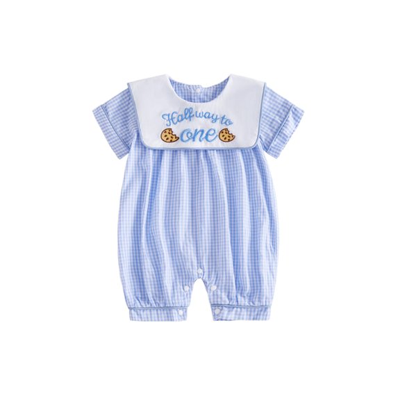 Cjfdfy Half Way to One Clothes Baby Girl Boy First Birthday Outfit Summer Fall Half Birthday Clothes Plaid Gingham Bubble Romper Letters Cookies Embroidery Short Sleeve Plaid Jumpsuit Playsuit