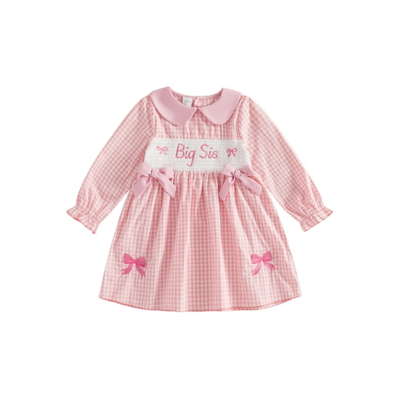 Cjfdfy Kids Girls Casual Dress, Long Sleeve Dress Plaid Big Sister Embroidery Fall A-line Dress For Casual Daily,Newborn Bodysuit Pink Dress, Fall Winter Baby Girl Clothes