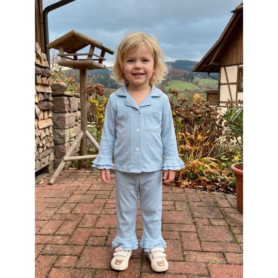 Cjfdfy Kids Girls Pajamas Set, Elegant Long Sleeve Shirt With Elastic Waist Flare Pants Sleepwear Toddler Girl Spring Fall 2 Piece Outfits Long Sleeve Ruffle Shirt Top Pants Set Solid Color Pajamas