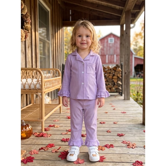 Cjfdfy Kids Girls Pajamas Set, Elegant Long Sleeve Shirt With Elastic Waist Flare Pants Sleepwear Toddler Girl Spring Fall 2 Piece Outfits Long Sleeve Ruffle Shirt Top Pants Set Solid Color Pajamas