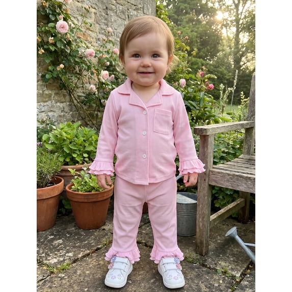 Cjfdfy Kids Girls Pajamas Set, Elegant Long Sleeve Shirt With Elastic Waist Flare Pants Sleepwear Toddler Girl Spring Fall 2 Piece Outfits Long Sleeve Ruffle Shirt Top Pants Set Solid Color Pajamas