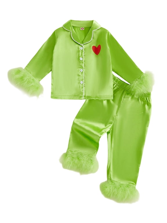 Kids Toddler Baby Girl Boy Christmas Silk Satin Pajamas Set Kids Girls PJS Set Sleepwear Spring Fall Winter Clothes Heart Print Long Sleeve Collar Button Down Shirt Tops Pants Set Loungewear