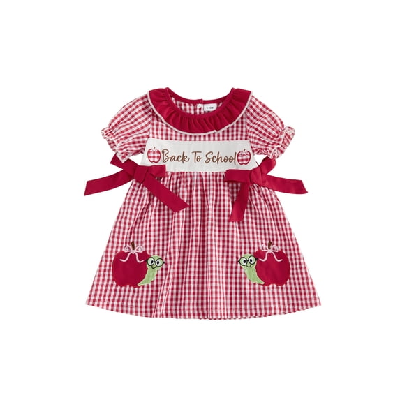 Cjfdfy Kids Toddler Baby Girls Back to School Dress Pre Kindergarten Outfits Bbay Girls First Day of School Outfit Apple Embroidery Cute Bow Short Sleeve Plaid Dress Toddler Summer Fall Dress
