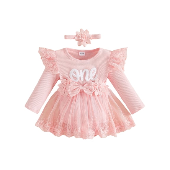 Cjfdfy Littler Baby Girl First Birthday Outfit 1St Birthday Long Sleeve Lace Romper Dress With Headband Baby Cute One Birthday Dress Fall Winter Outfit 6-18 Months