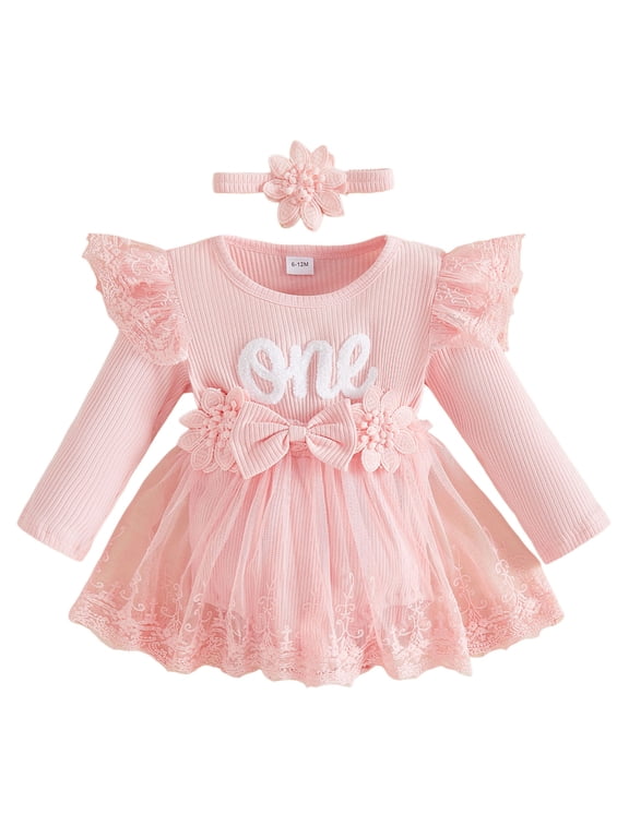 Littler Baby Girl First Birthday Outfit 1St Birthday Long Sleeve Lace Romper Dress With Headband Baby Cute One Birthday Dress Fall Winter Outfit 6-18 Months