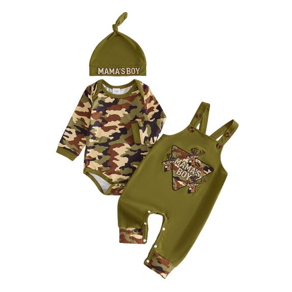Cjfdfy Newborn Baby Boy Camo Angling Outfit Mama's Boy Long Sleeve Rompers And Wild Goose Deer Patch Overalls Pants With Cute Hat Infant Cute Fall Hunting Clothes