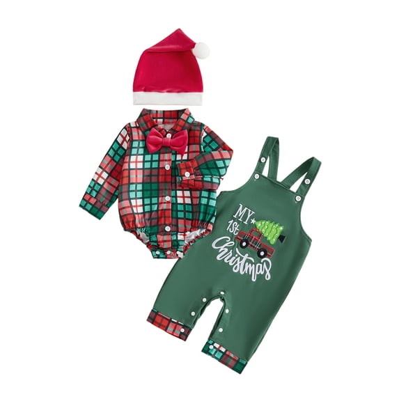 Cjfdfy Newborn Baby Boy Christmas Fall Outfit Plaid Bow Long Sleeve Romper Overalls Pants And Santa Hat Infant Cute My 1St Christmas Fall Winter Clothes 0-18M