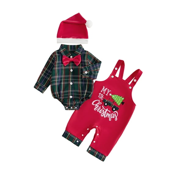 Cjfdfy Newborn Baby Boy Christmas Fall Outfit Plaid Bow Long Sleeve Romper Overalls Pants And Santa Hat Infant Cute My 1St Christmas Fall Winter Clothes 0-18M