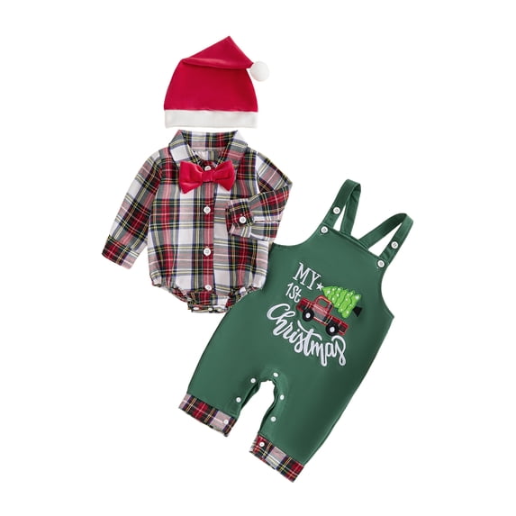 Cjfdfy Newborn Baby Boy Christmas Fall Outfit Plaid Bow Long Sleeve Romper Overalls Pants And Santa Hat Infant Cute My 1St Christmas Fall Winter Clothes 0-18M