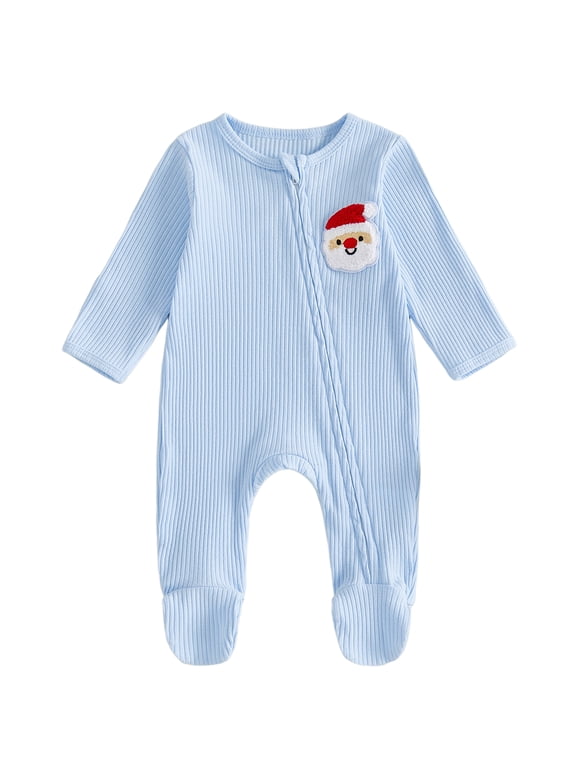 Newborn Baby Boy Christmas Footed Romper Santa Embroidery Blue Ribbed Long Sleeve zip up Bodysuit Infant Cute My First Christmas Fall Winter Outfit 0-9M