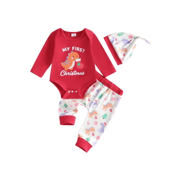 Cjfdfy Newborn Baby Boy Christmas Outfit My First Christmas Long Sleeve Dinosaur Print Romper Pants Hat 3-piece Set Infant Cute Christmas Holiday Fall Winter Clothes 0-18M