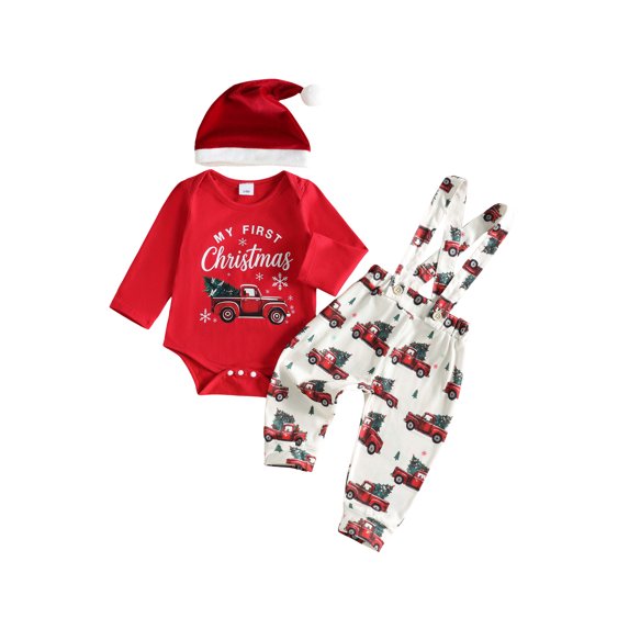 Cjfdfy Newborn Baby Boy Christmas Outfit Red Truck Tree Print Long Sleeve Romper And Print Overalls And Santa Hat 3Pcs Infant Cute My First Christmas Fall Winter Clothes 0-18M