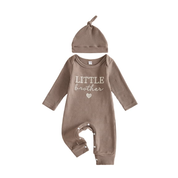 Cjfdfy Newborn Baby Boy Fall Romper Little Brother Long Sleeve Waffle Bodysuit and Hat 2pcs Baby Take Home Outfit Infant Cute Coming Home Clothes 0-9M