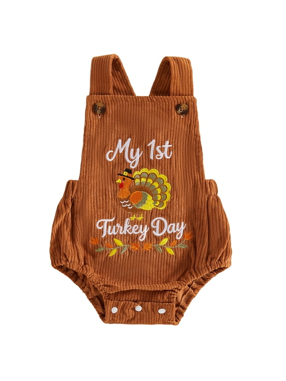Newborn Baby Boy Fall Thanksgiving Ouftits My First Thanksgiving Turkey Romper Turkey Embroidery Sleeveless Overalls Corduroy Bodysuit Cute Thanksgiving Fall Winter Outfit
