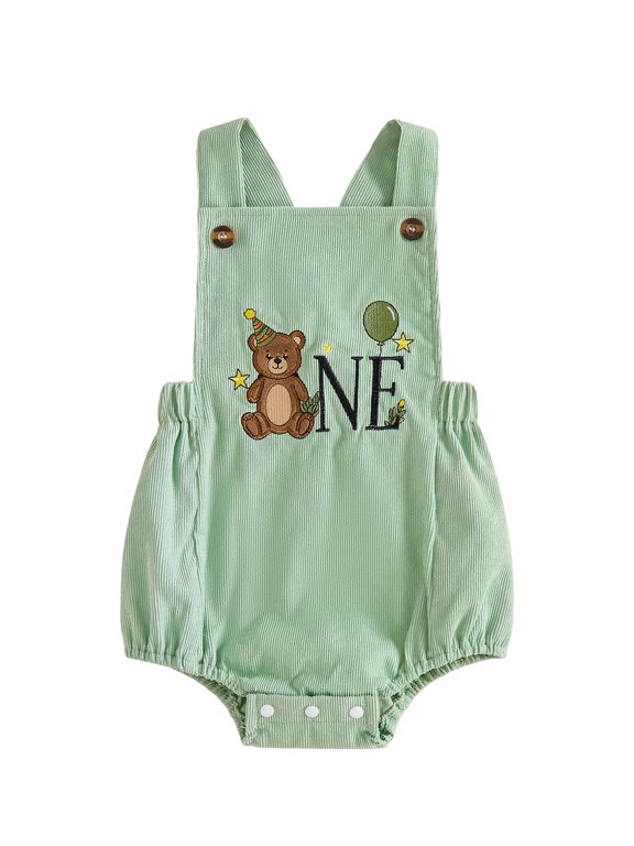 Newborn Baby Boy First Birthday Romper Dinosaur or Bear Embroidery Sleeveless Corduroy Overalls Infant Cute My First Birthday Fall Winter Clothes 6-18M