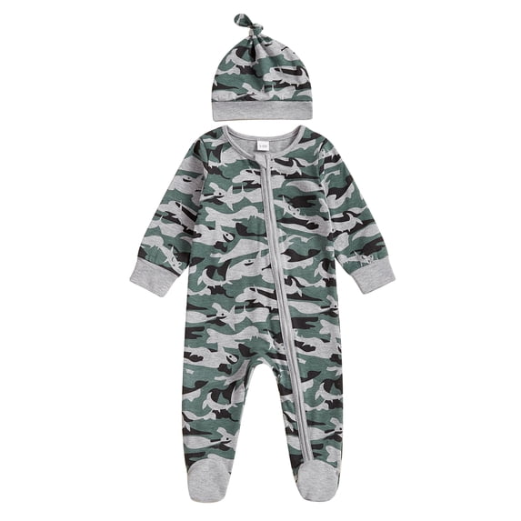 Cjfdfy Newborn Baby Boy Footies Rompers Green Camouflage Long Sleeve Zip Up Footed Bodysuits With Hat Baby Announcement Outfit Infant Cute Coming Home Outfit 0-6M