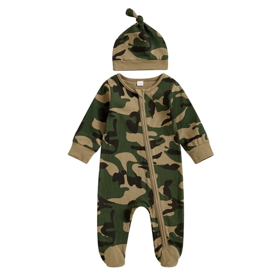 Cjfdfy Newborn Baby Boy Footies Rompers Green Camouflage Long Sleeve Zip Up Footed Bodysuits With Hat Baby Announcement Outfit Infant Cute Coming Home Outfit 0-6M