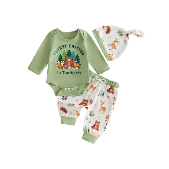 Cjfdfy Newborn Baby Boy Forest Animal Fall Outfits Cutest Critter in the Woods Print Long Sleeve Romper Pants With Hat 3pcs Infant Cute Coming Home Outfit 0-12M