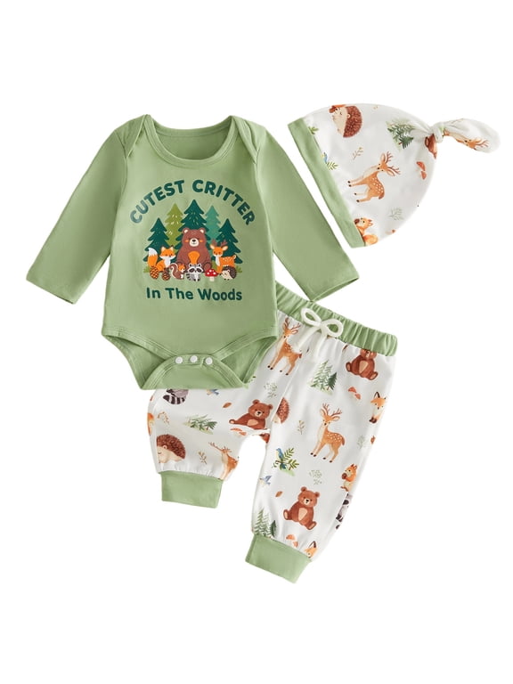 Newborn Baby Boy Forest Animal Fall Outfits Cutest Critter in the Woods Print Long Sleeve Romper Pants With Hat 3pcs Infant Cute Coming Home Outfit 0-12M