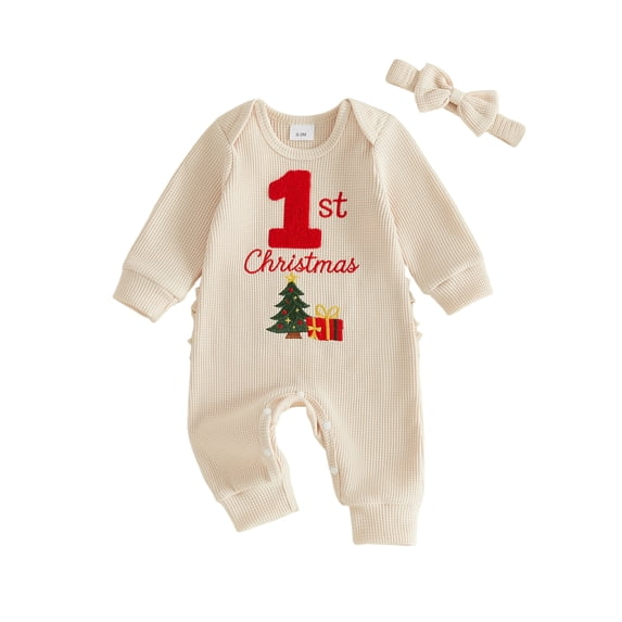 Cjfdfy Newborn Baby Boy Girl Christmas Fall Outfit Christmas Tree Present Box Embroidery Romper Headband Infant Cute My 1St Christmas Fall Winter Holiday Set 0-18M
