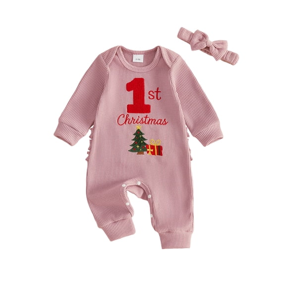 Cjfdfy Newborn Baby Boy Girl Christmas Fall Outfit Christmas Tree Present Box Embroidery Romper Headband Infant Cute My 1St Christmas Fall Winter Holiday Set 0-18M