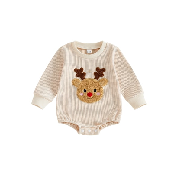 Cjfdfy Newborn Baby Boy Girl Christmas Fall Outfit Reindeer Embroidery Long Sleeve Waffle Knit Romper Infant Cute My First Christmas Fall Winter Holiday Set 0-18M