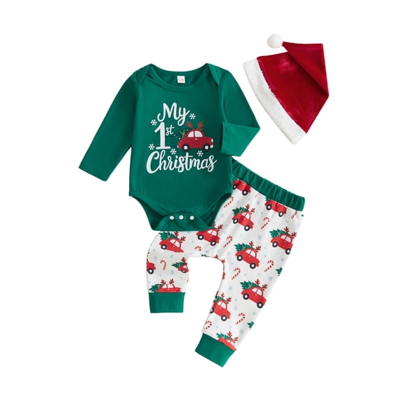 Cjfdfy Newborn Baby Boy Girl Christmas Outfit First Christmas Truck Long Sleeve Romper Elastic Pants Hat Santa Set Infant Cute My First Christmas Fall Winter Outfits 