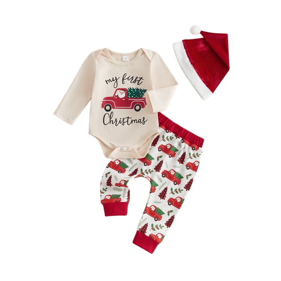 Cjfdfy Newborn Baby Boy Girl Christmas Outfit First Christmas Truck Long Sleeve Romper Elastic Pants Hat Santa Set Infant Cute My First Christmas Fall Winter Outfits 
