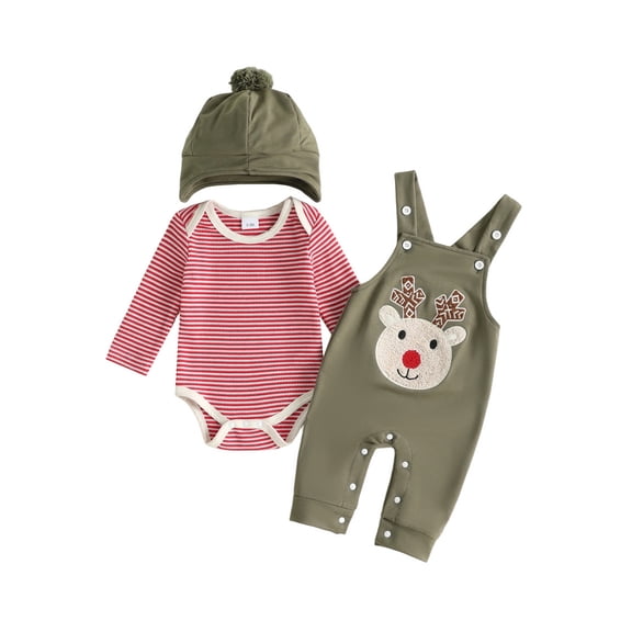 Cjfdfy Newborn Baby Boy Girl Christmas Outfit Striped Long Sleeve Romper With Embroidery Elk Overall Pants Hat 3pcs Infant Cute My First Christmas Fall Winter Outfit 0-18M 