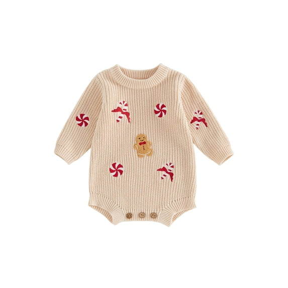Cjfdfy Newborn Baby Boy Girl Christmas Outfit Sweater Romper Candy Cane Gingerbread Man Embroidery Long Sleeve Infant Christmas Knit Sweater Fall Winter Clothes
