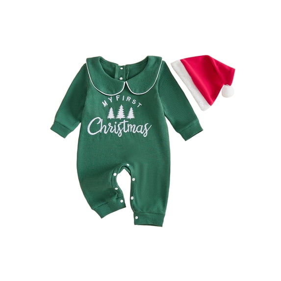 Cjfdfy Newborn Baby Boy Girl Christmas Outfits My First Christmas Embroidery Long Sleeve Waffle Knit Romper And Hat 2Pcs Infant Cute Christmas Tree Fall Winter Outfit 0-18M