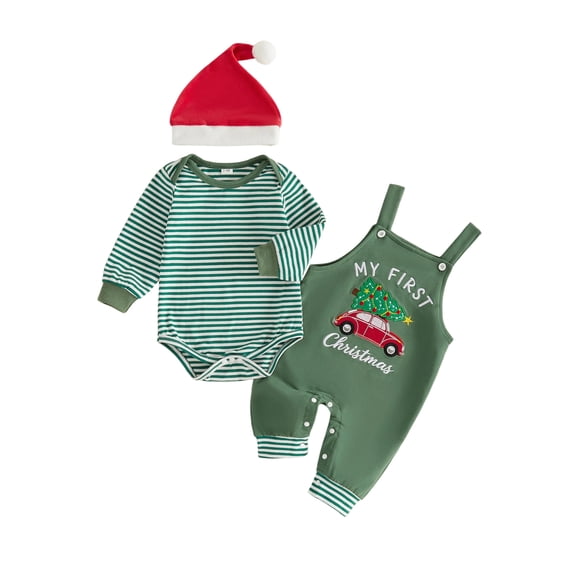 Cjfdfy Newborn Baby Boy Girl Christmas Outfits First Christmas Embroidery Stripe Long Sleeve Romper With Overalls Pants Santa Hat 3-piece Set Infant My First Christmas Fall Winter Outfits
