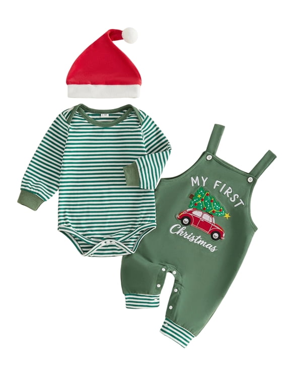 Newborn Baby Boy Girl Christmas Outfits First Christmas Embroidery Stripe Long Sleeve Romper With Overalls Pants Santa Hat 3-piece Set Infant My First Christmas Fall Winter Outfits