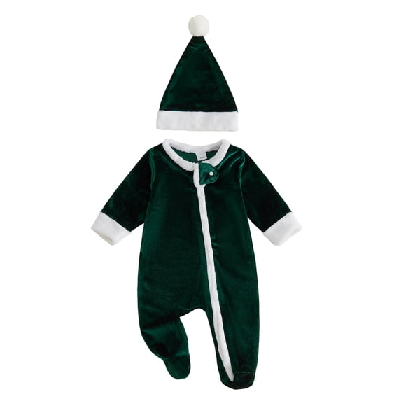 Cjfdfy Newborn Baby Boy Girl Christmas Pajamas Outfit Footed Romper Long Sleeve Velvet Zipper Jumpsuit With Hat Infant Cute My First Christmas Fall Winter Holiday Outfit 0-6 Months