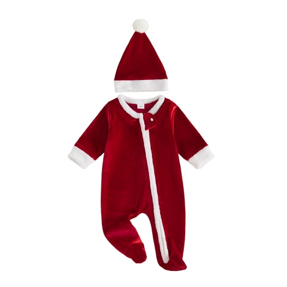 Cjfdfy Newborn Baby Boy Girl Christmas Pajamas Outfit Footed Romper Long Sleeve Velvet Zipper Jumpsuit With Hat Infant Cute My First Christmas Fall Winter Holiday Outfit 0-6 Months