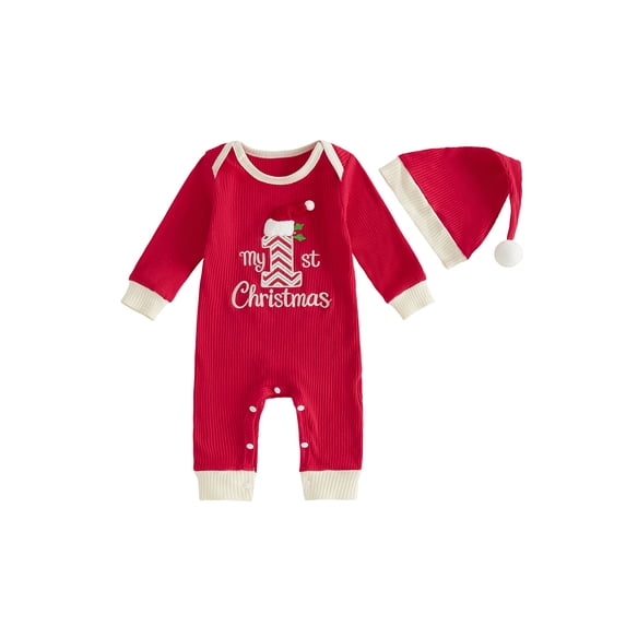 Cjfdfy Newborn Baby Boy Girl Christmas Romper Outfit My 1St Christmas Long Sleeve knit Romper And Santa Hat Set Infant Cute My First Christmas Fall Winter Holiday Set 0-18M