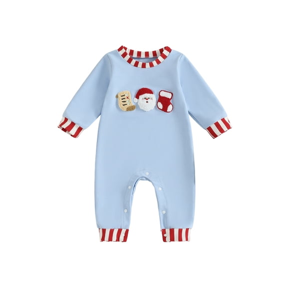 Cjfdfy Newborn Baby Boy Girl Christmas Romper Outfits Santa Embroidery Striped Crew Neck Long Sleeve Full Length Jumpsuit Fall Winter Clothes 0 3 6 12 18 Months