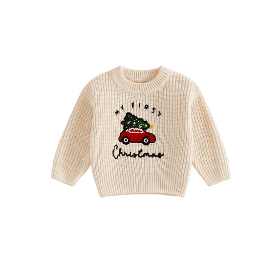 Cjfdfy Newborn Baby Boy Girl Christmas Sweater Christmas Tree Car Embroidered Long Sleeve Knit Tops Infant Cute My First Christmas Holiday Clothes 0-18M 