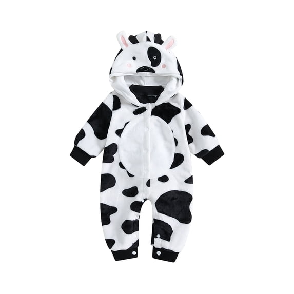 Cjfdfy Newborn Baby Boy Girl Cow Outfit Infant Halloween Costume Flannel Romper One Piece Long Sleeve Detachable Hoodie Jumpsuit Baby Boys Girls Warm Fall Winter Clothes