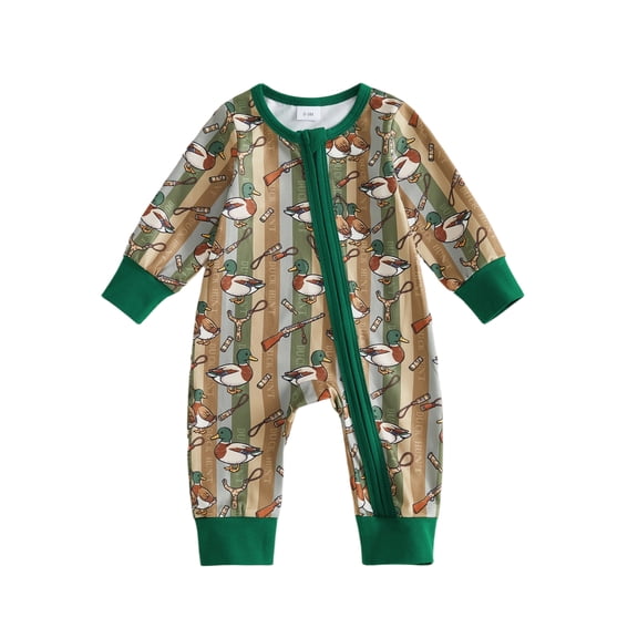 Cjfdfy Newborn Baby Boy Girl Duck Romper Duck Hunting Print Long Sleeve Zipper Front Jumpsuit Green Trim Infant Cute Mallard Duck Fall Winter Country Farm Clothes 0-18M
