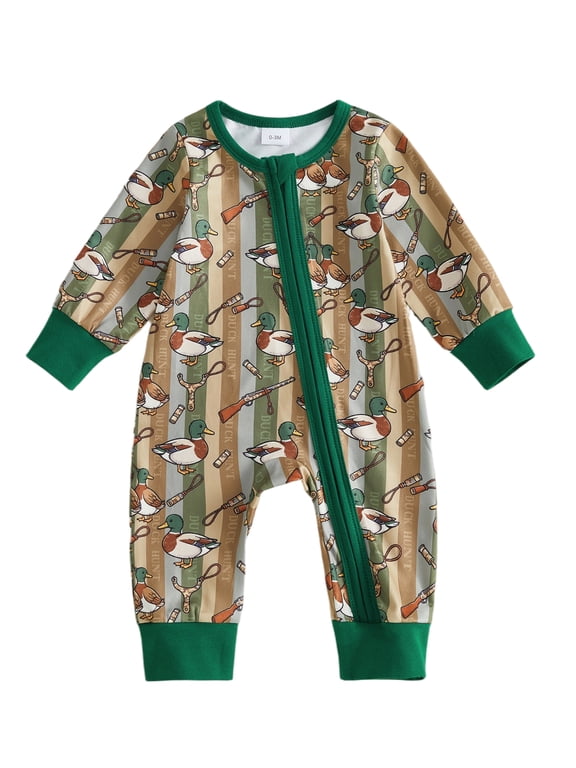 Newborn Baby Boy Girl Duck Romper Duck Hunting Print Long Sleeve Zipper Front Jumpsuit Green Trim Infant Cute Mallard Duck Fall Winter Country Farm Clothes 0-18M
