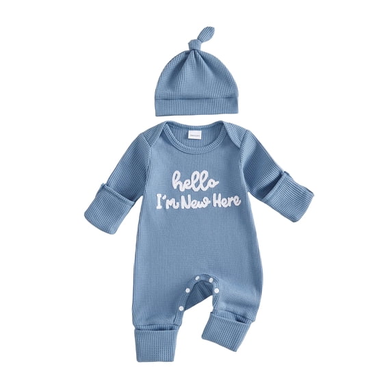 Cjfdfy Newborn Baby Boy Girl Fall Outfit Hello I'm New Here Print Long Sleeve Ribbed Romper And Hat Infant Cute Coming Home Fall Winter Outfit 0-6 Months