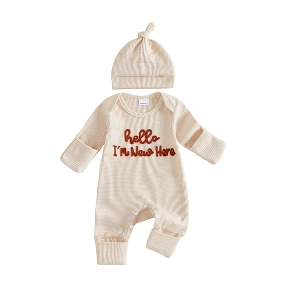 Cjfdfy Newborn Baby Boy Girl Fall Outfit Hello I'm New Here Print Long Sleeve Ribbed Romper And Hat Infant Cute Coming Home Fall Winter Outfit 0-6 Months