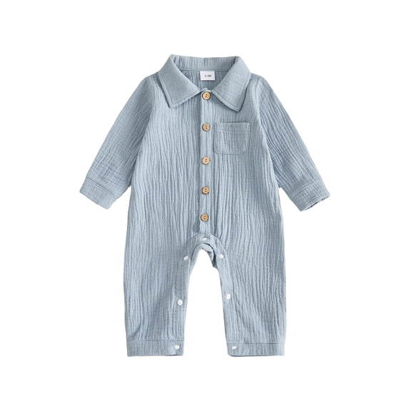 Cjfdfy Newborn Baby Boy Girl Fall Outfit Jumpsuit Collared Long Sleeve Button-down Pocket Solid Fall Romper Infant Crinkled Jumpsuit Soft Coming Home Fall Winter Outfit