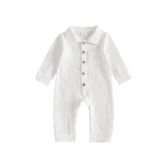 Cjfdfy Newborn Baby Boy Girl Fall Outfit Jumpsuit Collared Long Sleeve Button-down Pocket Solid Fall Romper Infant Crinkled Jumpsuit Soft Coming Home Fall Winter Outfit